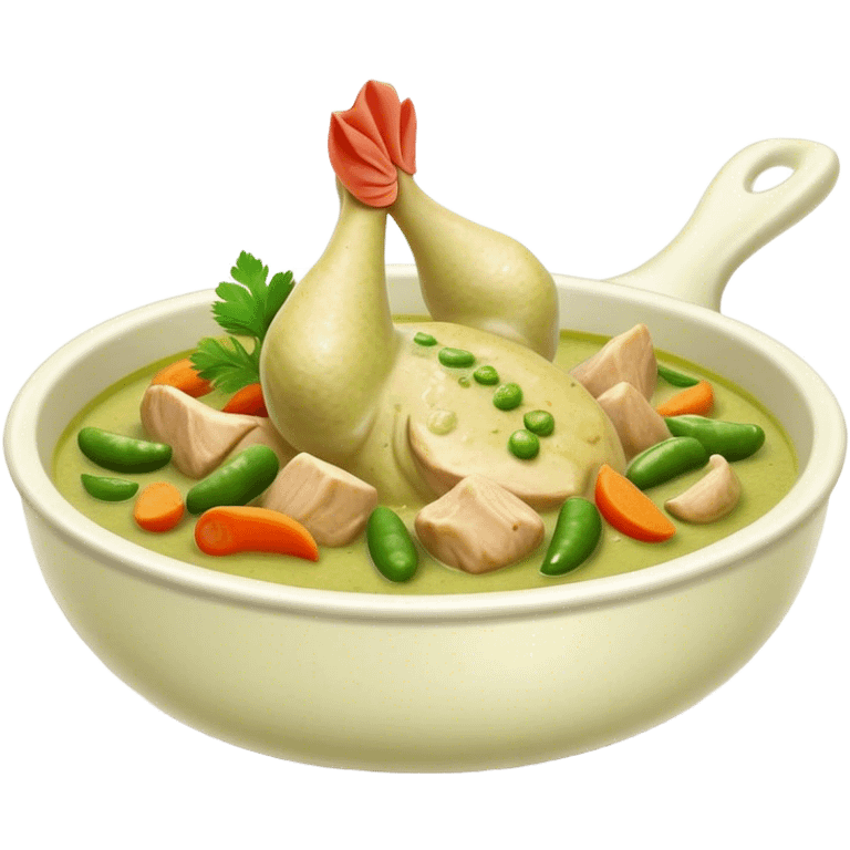 Cinematic Realistic Green Chicken Curry Dish Emoji, depicted with tender chicken simmered in a fragrant green curry sauce with vegetables rendered with rich textures and dynamic, vibrant lighting. emoji