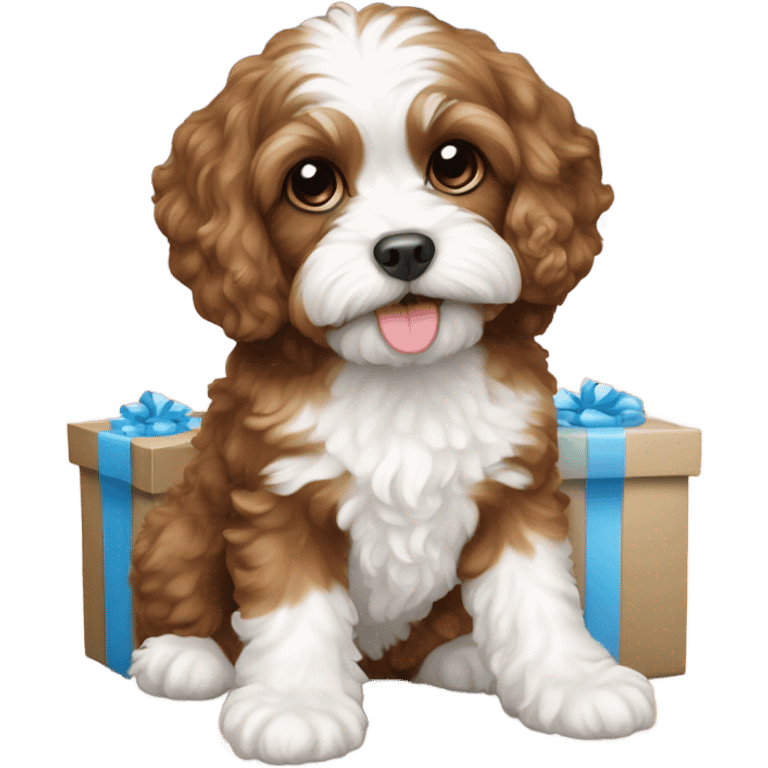 Brown and white cavapoo and new year gift box emoji