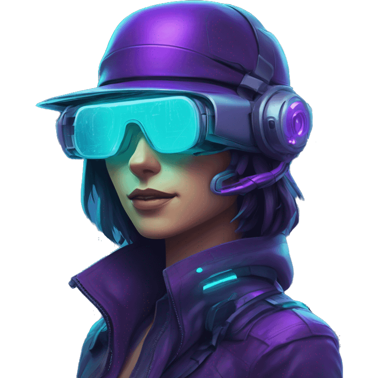 Secret human agent in a hat with  cyberpunk elements in Apple VR googles scanning looking reviewing multicolor lines of code, cyan and purple colors, only upper body portrait emoji