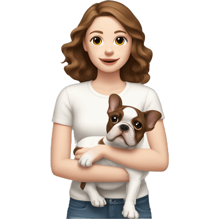 pale white skinned girl with medium brown wavy hair holding a brown and white french bulldog puppy  emoji