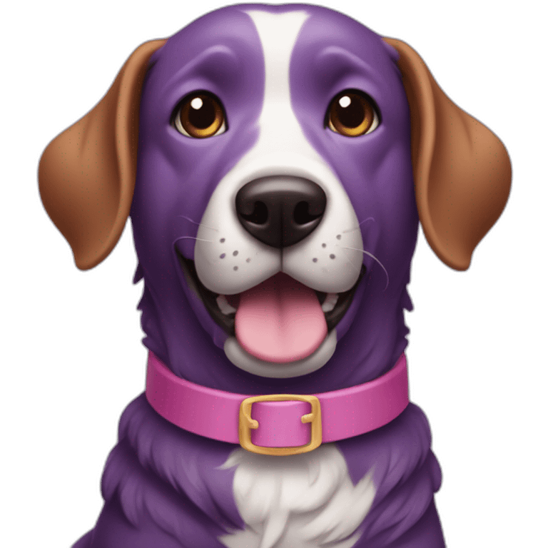 a purple dog with a brown nose and a pink collar with a bone eat cake emoji