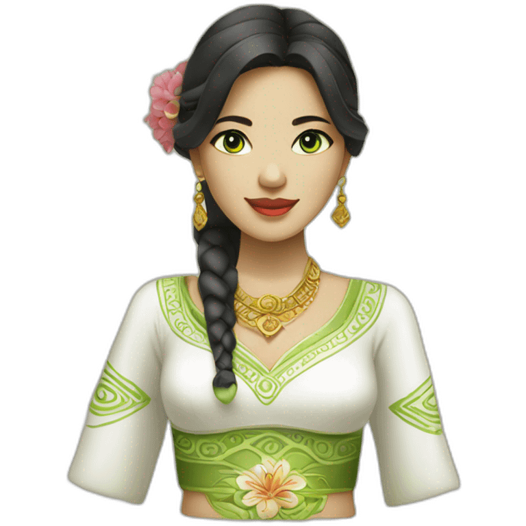 balinese woman in traditional white dress but white skin and green eyes emoji