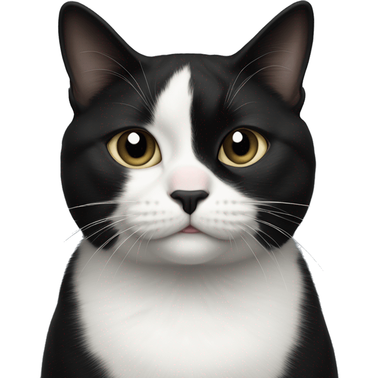 tuxedo cat that has mostly black and white, starting at the her bottom lip and extending down the center of her belly, except for a small black splotch on her chin slightly off-center to the left, and a tiny white mustache directly under her black nose.  emoji