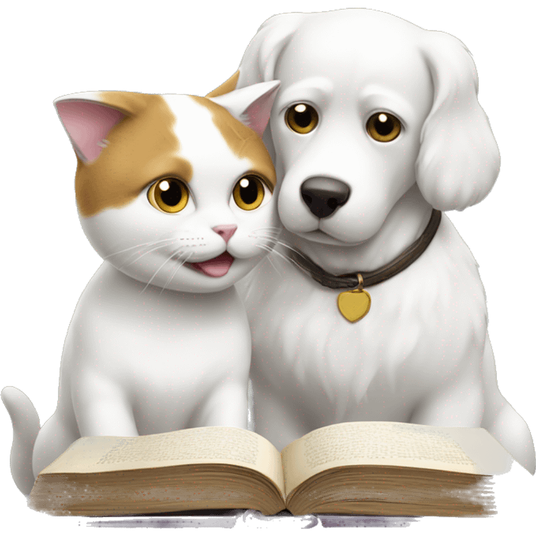 white cat and dog reading books together  emoji