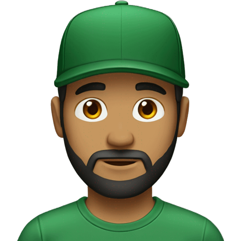 brown man with a dark beard, dark eyes, dark green t-shirt and a black cap emoji