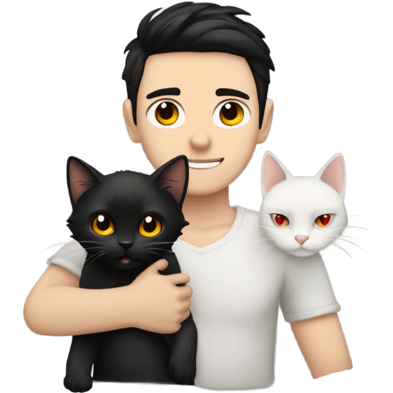 pale guy with black hair, red eyes and tattooed holding a cute black cat emoji