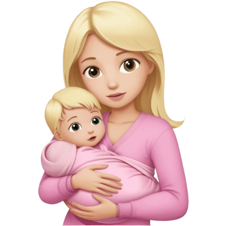 Blonde girl holding a new born baby while the baby is wrapped in pink. emoji