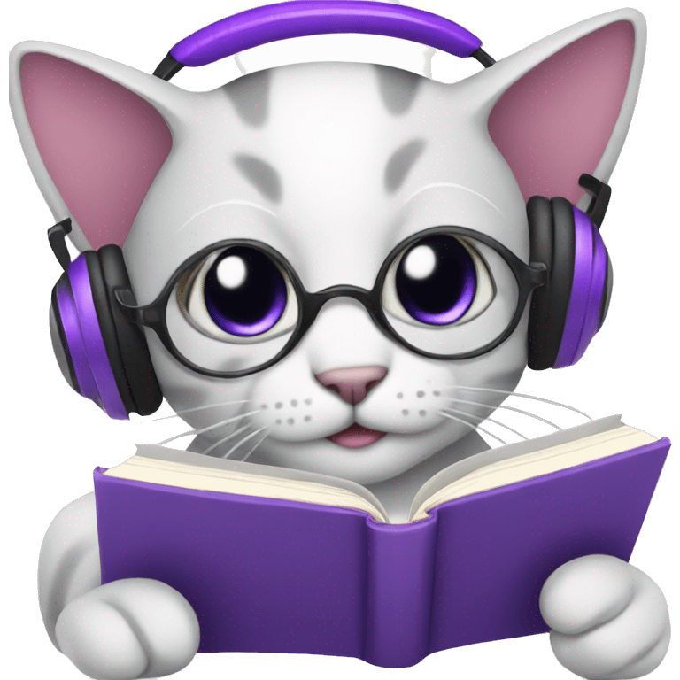 Cat with purple headphones reading a book emoji