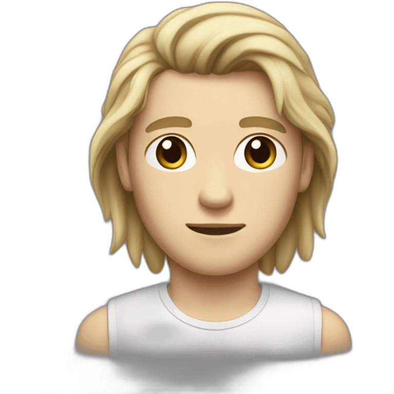 realistic white teenager with a long classic hairstyle, he has black hair, he has black eyes, he also has a beige T-shirt, he is tall, he has an elongated neck and head emoji