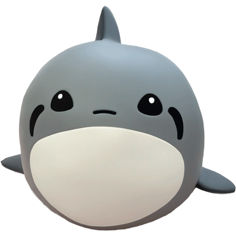 small round gray shark squishmallow, white belly, tiny cute smile, black eyes emoji