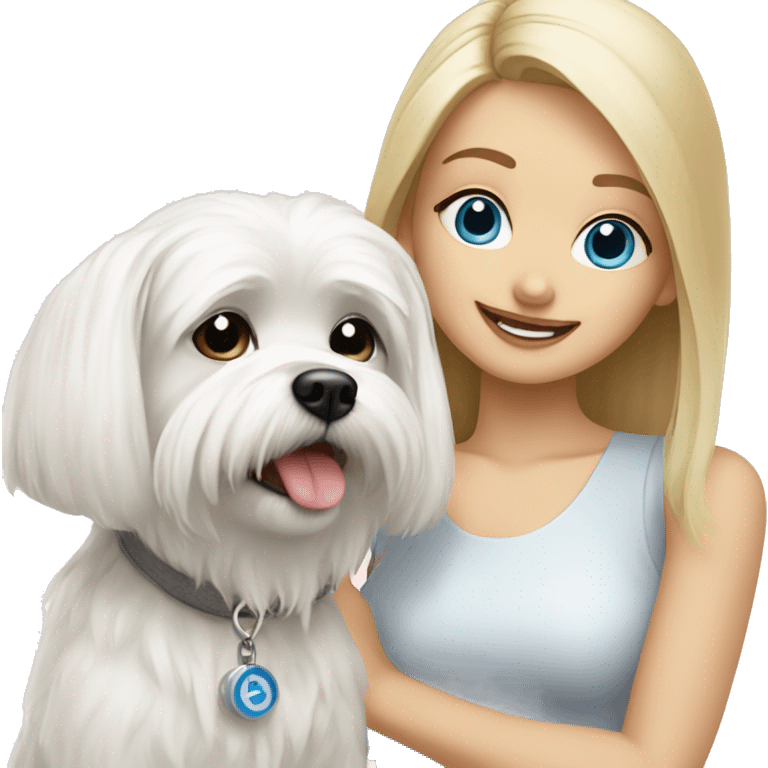 Maltese dog with blonde girl with, blue eyes emoji