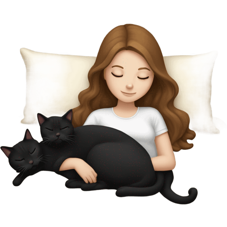 White girl brown hair sleeping, cuddle two black cats emoji