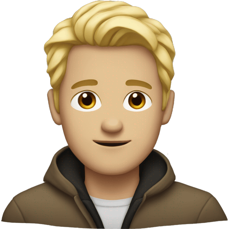 man, blond hair, brown eyes, coat, black. emoji