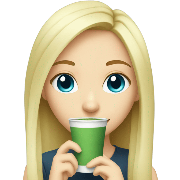 Blonde girl with blue eyes with a hot matcha emoji