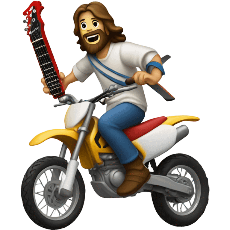 Jesus doing a jump on a dirt bike with an electric guitar in his hands emoji