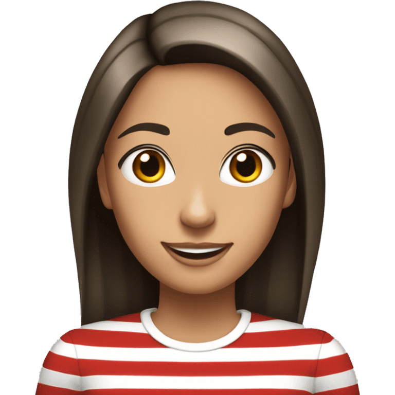 Portrait of an adult girl, tanned skin, dark long straight hair, dark eyes, smiling, wearing a white long sleeve with red horizontal narrow stripes. emoji