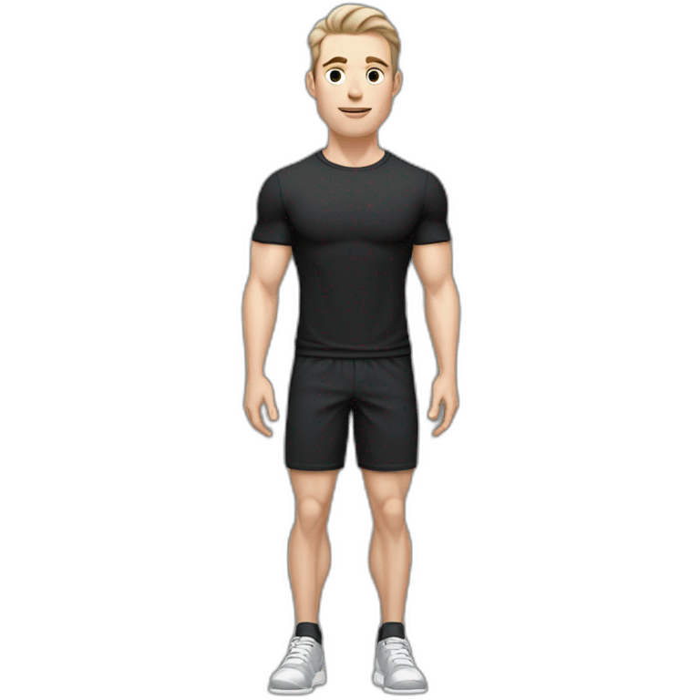 Pale skinned Fit Man With the biceps and dark brown hair in black shirt, gray sports shorts and white Sneakers emoji