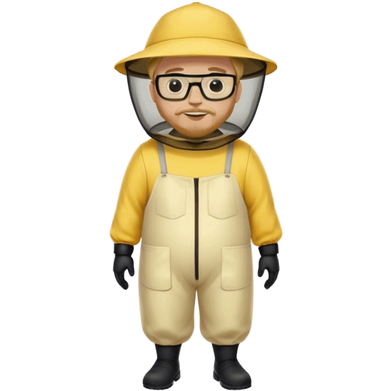 full body medium plus size male bee keeper in yellow and black with short light strawberry blonde hair and goatee wearing glasses with bee keeper hat emoji