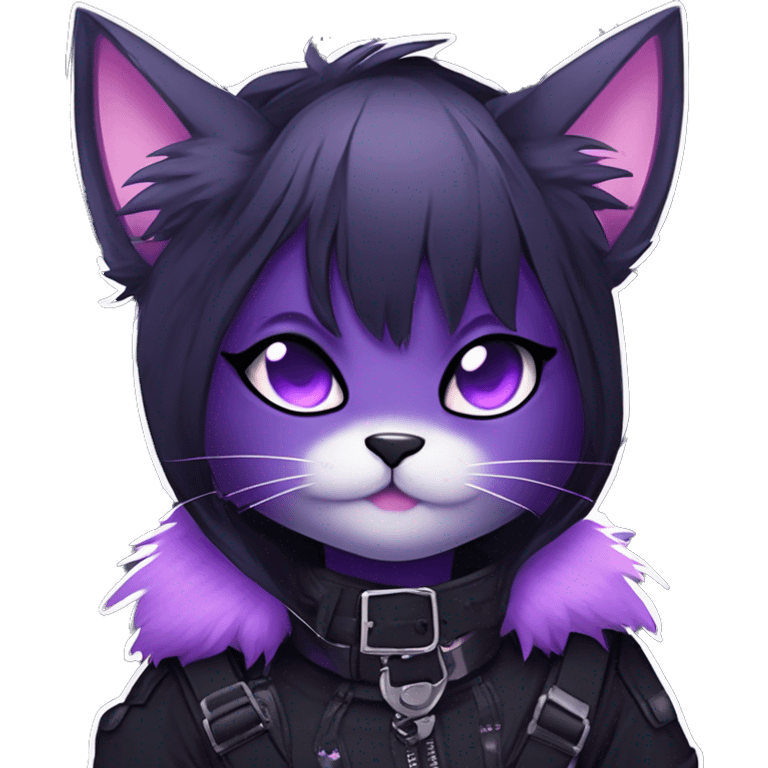 Gorgeous furry gothic dark techwear anime style anthro black cat furry sona Fakemon with blushing face aesthetic and pretty edgy black with violet collar and harness trending style emoji