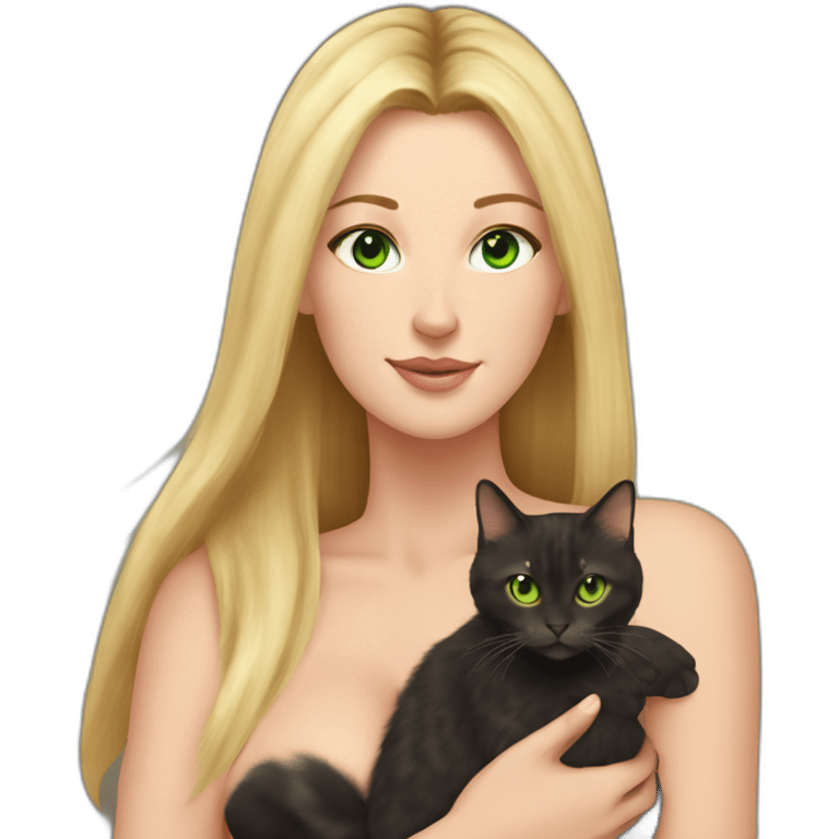 woman with green eyes and long straight blonde hair and big boobs is holding a very fluffy and fat tortoiseshell cat emoji