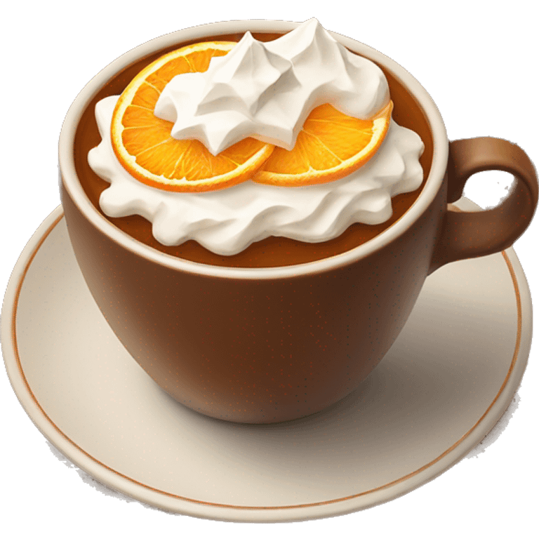 christmas tea with oranges, cinnamon and whipped cream in brown cup emoji