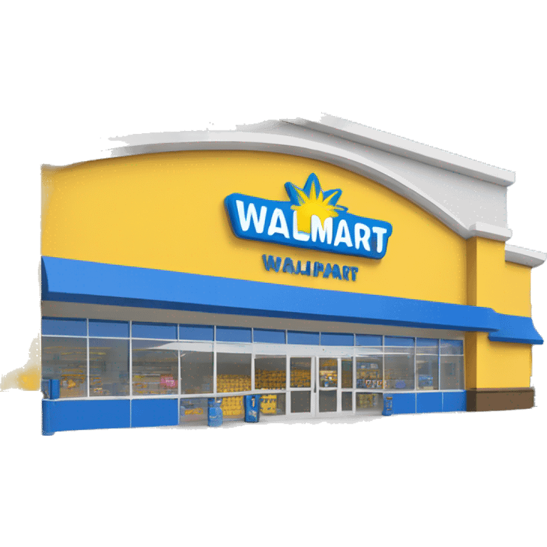 “Walmart store with a simple, recognizable design, featuring the iconic sunburst logo, blue and yellow color scheme, and storefront details that convey a large retail environment.” emoji