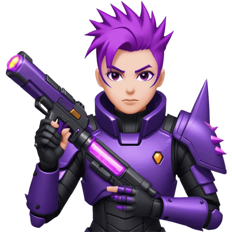 A space bounty hunter with spiky purple hair, black armored suit, and a glowing plasma gun. emoji