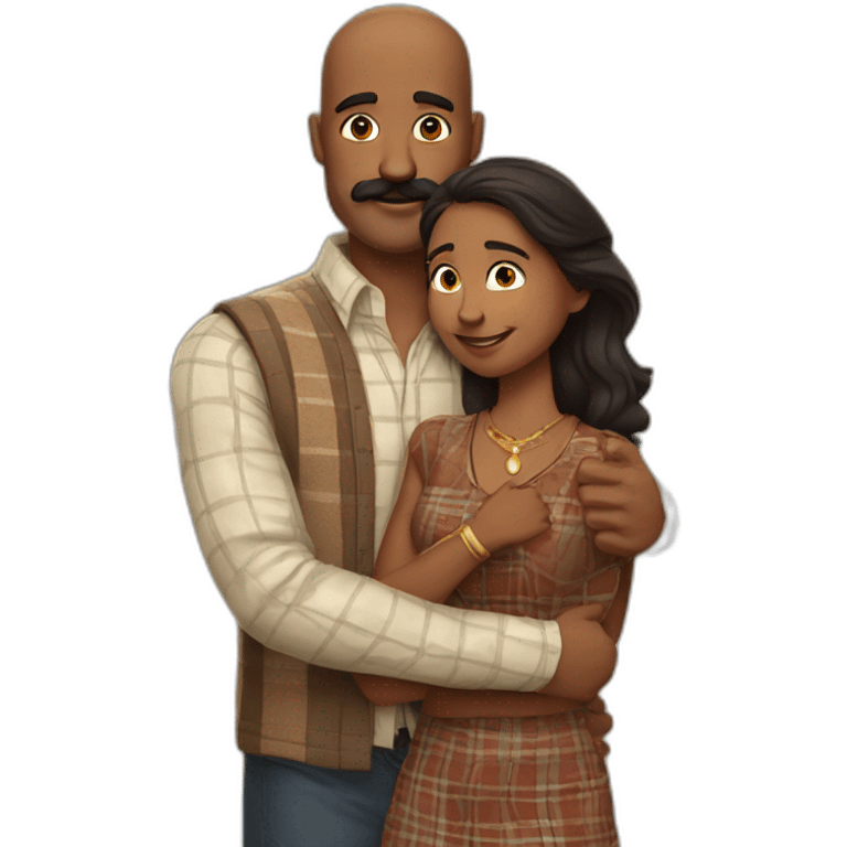 Tall white man wearing plaid with brown hair and a brown mustache hugging a very short Indian woman emoji