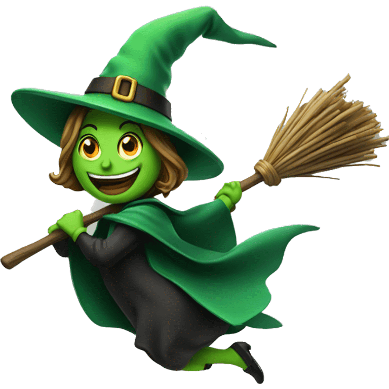 green witch flying on a broom facing right throwing candy. emoji