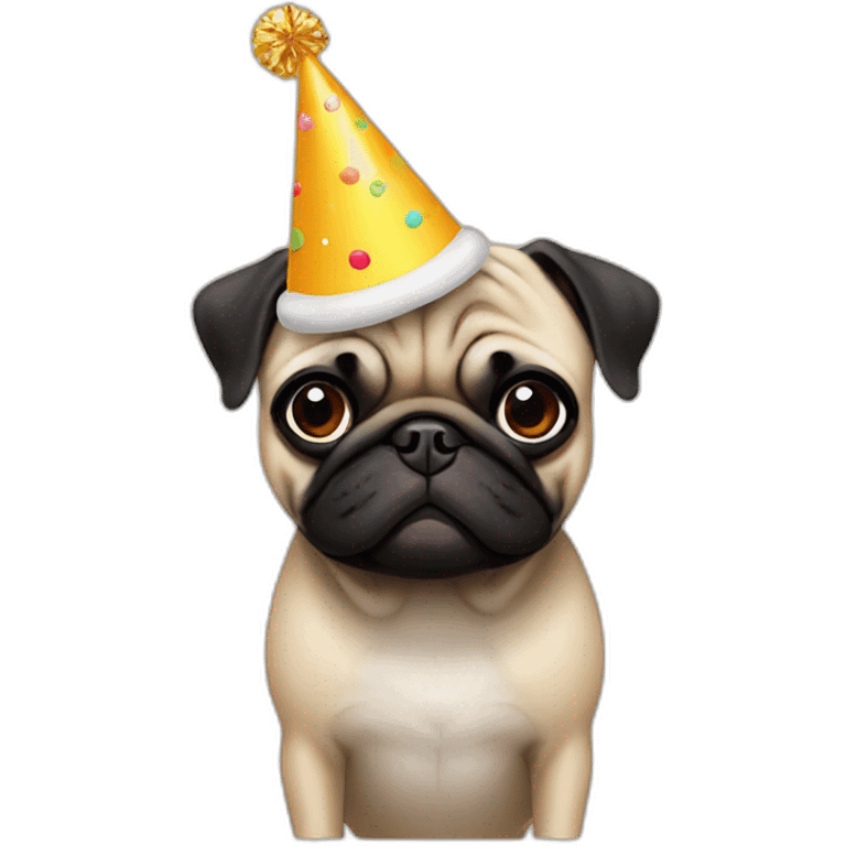 Beige pug and black pug wearing birthday hat emoji