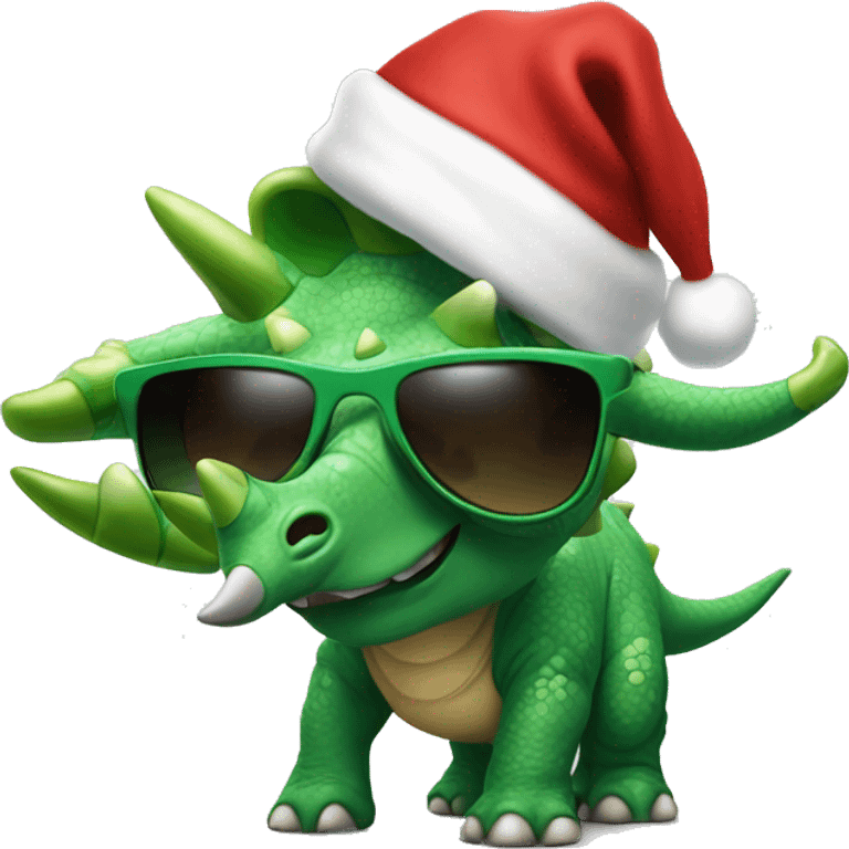 green triceratops in sunglasses and a santa hat emoji