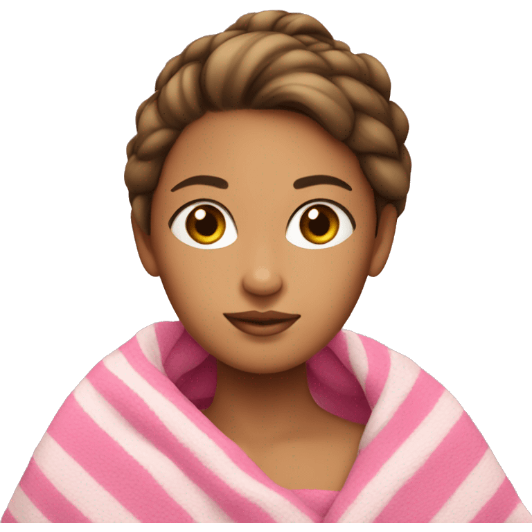 girl with tan skin and a brown bun with a pink blanket over her emoji