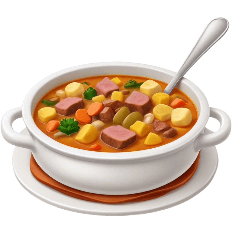 Cinematic Realistic Sancocho Soup Dish Emoji, featuring a rich, hearty stew with diverse meats and vegetables rendered with lifelike detail and warm, comforting lighting. emoji