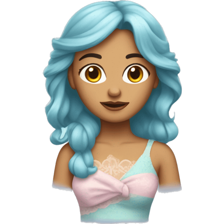 Chica linda con vestido celeste pastel y un moño coquet en el cabello emoji