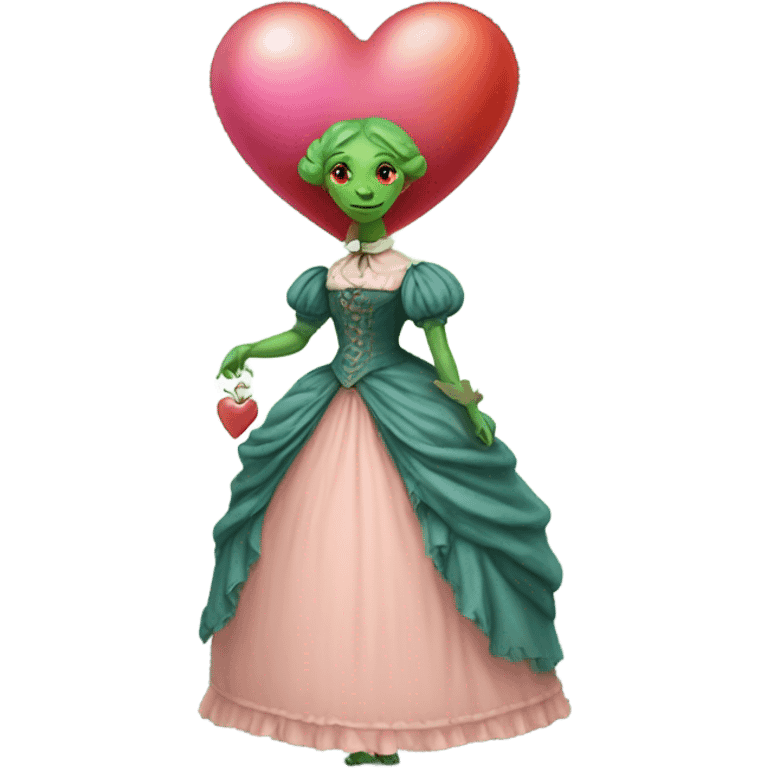 a green reptilian woman in Victorian orange and blue dress, pink hair,holdig, red big hearth, full body emoji