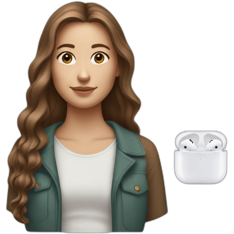 young white woman, brown long hair with reflections wearing airpods max emoji