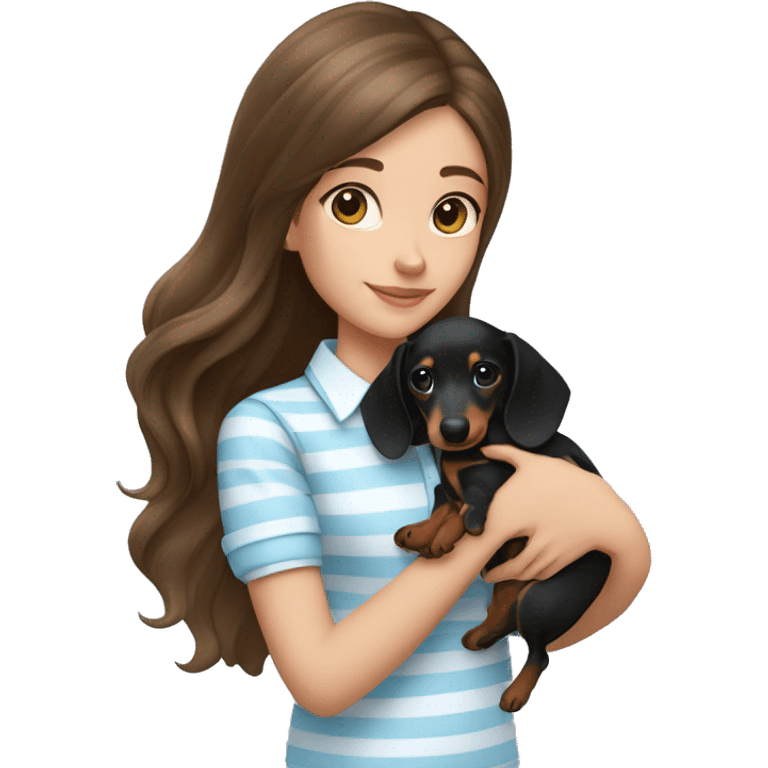 brunette girl with long hair, a light blue and white shirt with thin vertical stripes, holding a black dachshund puppy in her arms emoji