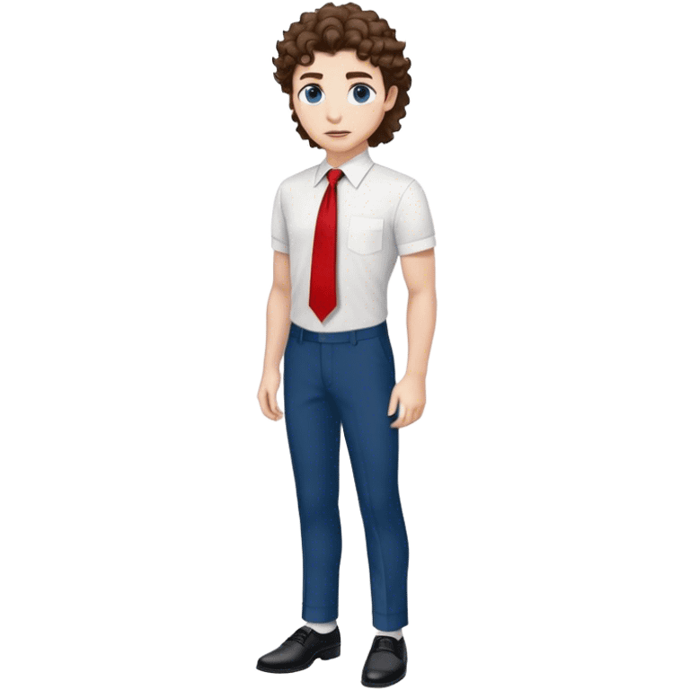 full body white skin curly mullet brown hair white shirt red tie black pants and shoes and greek and blue eyes emoji