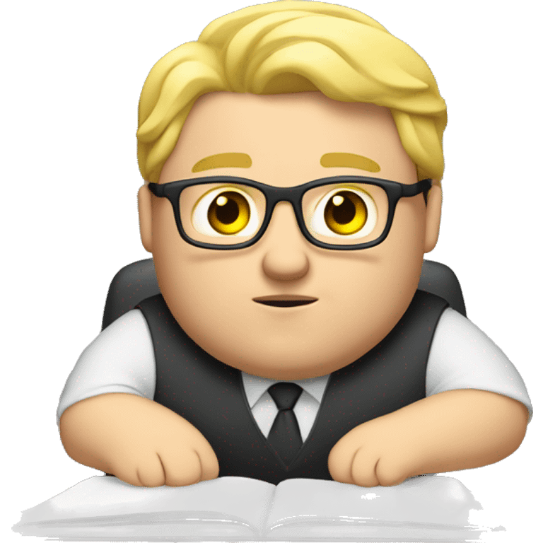 A fat guy with blonde hair and glasses sitting at a computer doing schoolwork emoji