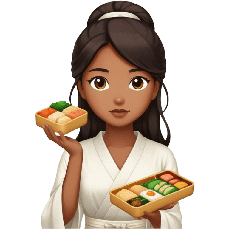 Beautiful woman in 1950’s woman fashion look, white dress, long dark brown hair, Japanese bento emoji