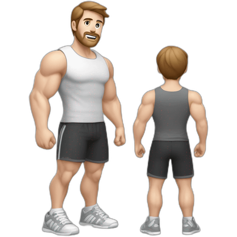 Full height realistic Actively gesturing with hands Pale skinned Fit Man With the biceps and brown hair in dark gray Sleeveless Mike, black oversize sports shorts, watch and white Sneakers emoji