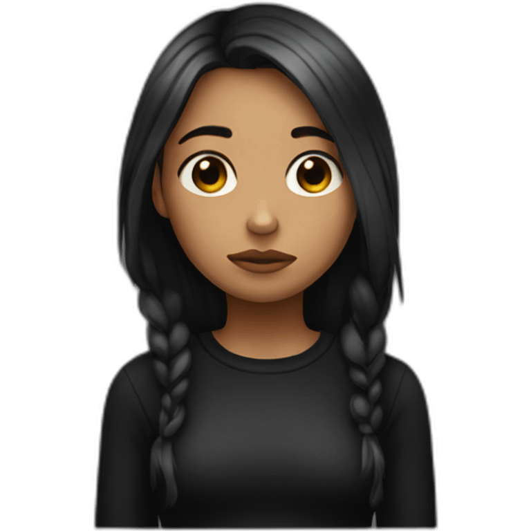 A depressed and sad girl, she wears black, her hair is black, and she has a small mole on her right cheek. emoji