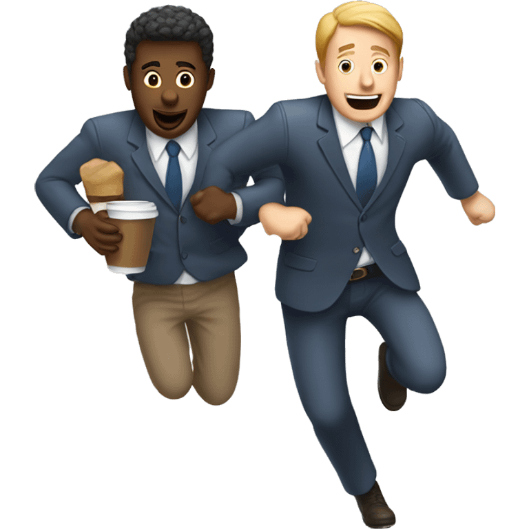 Two white men landing on flight and hurrying to get coffee emoji