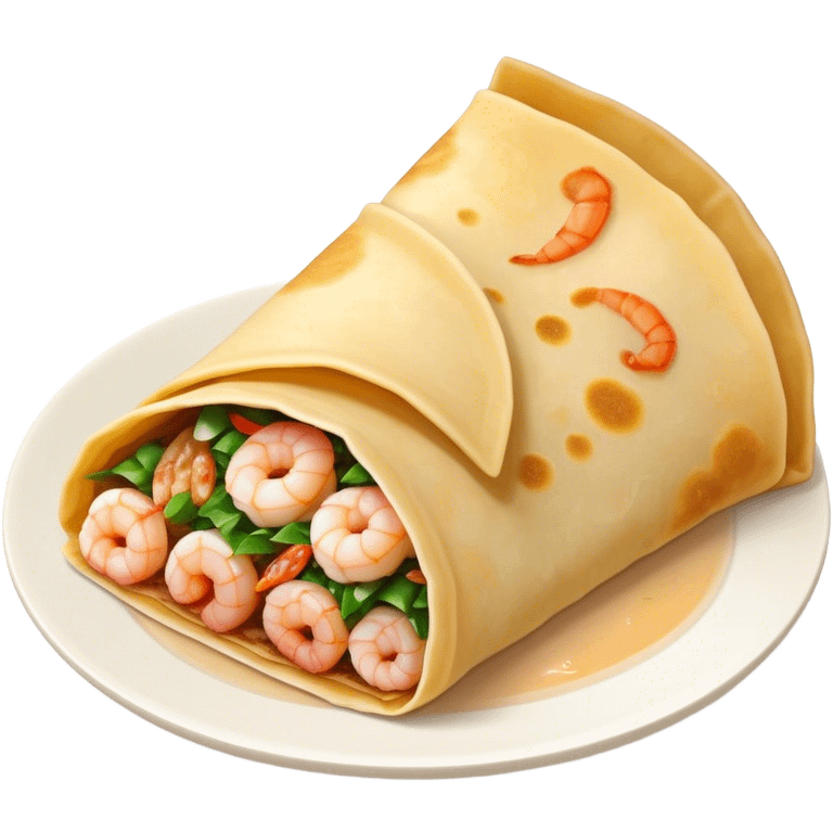 Bánh Xèo Cinematic Realistic Bánh Xèo Dish Emoji, depicted as a crispy, folded semi circle crepe filled with tiny shrimp and pork, rendered with dynamic textures and vibrant, appetizing lighting. emoji