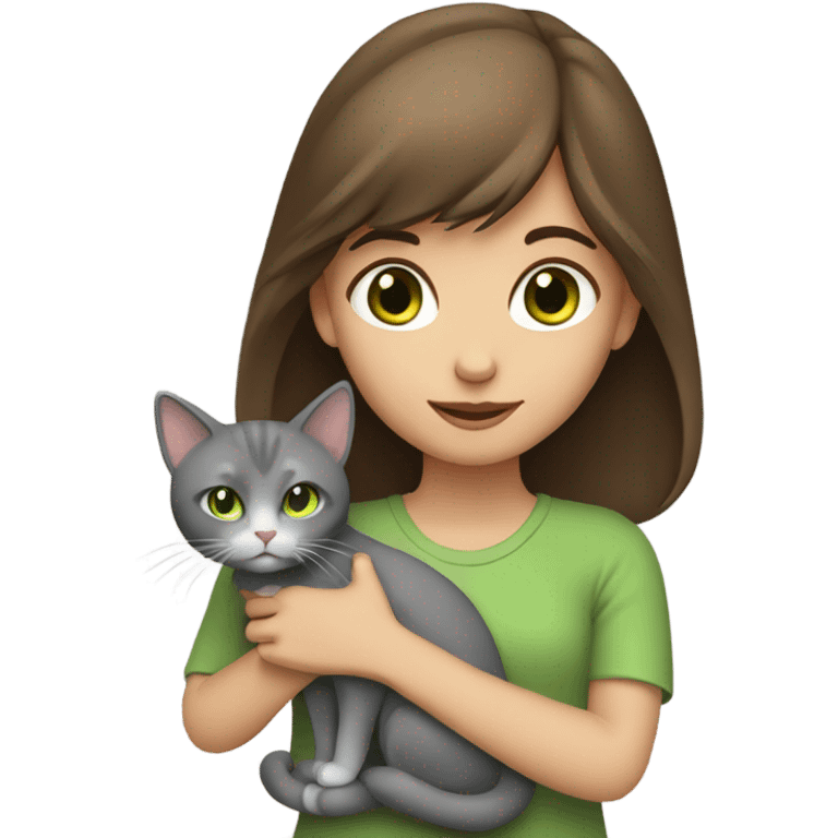 girl with brown hair and green eyes with a grey cat in her hands emoji