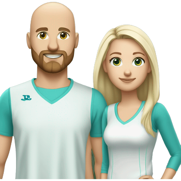 Same image but White couple. Male bald with beard. Aqua eyes. Woman long blonde brown highlight hair. 35. Aqua eyes. In pickleball clothes  emoji