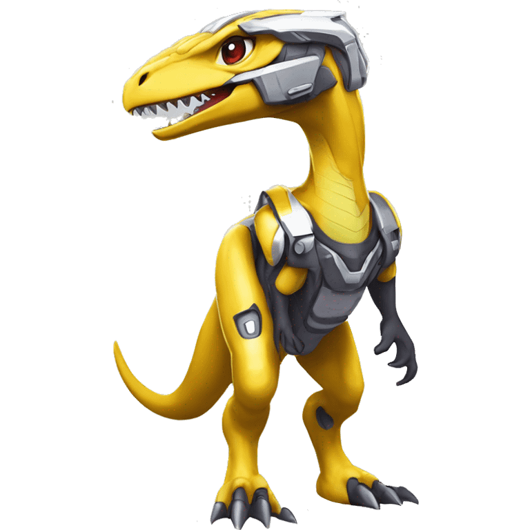 Shiny Velociraptor-Genesect-Fakémon-Pokémon wearing a with a futuristic helmet Full Body emoji