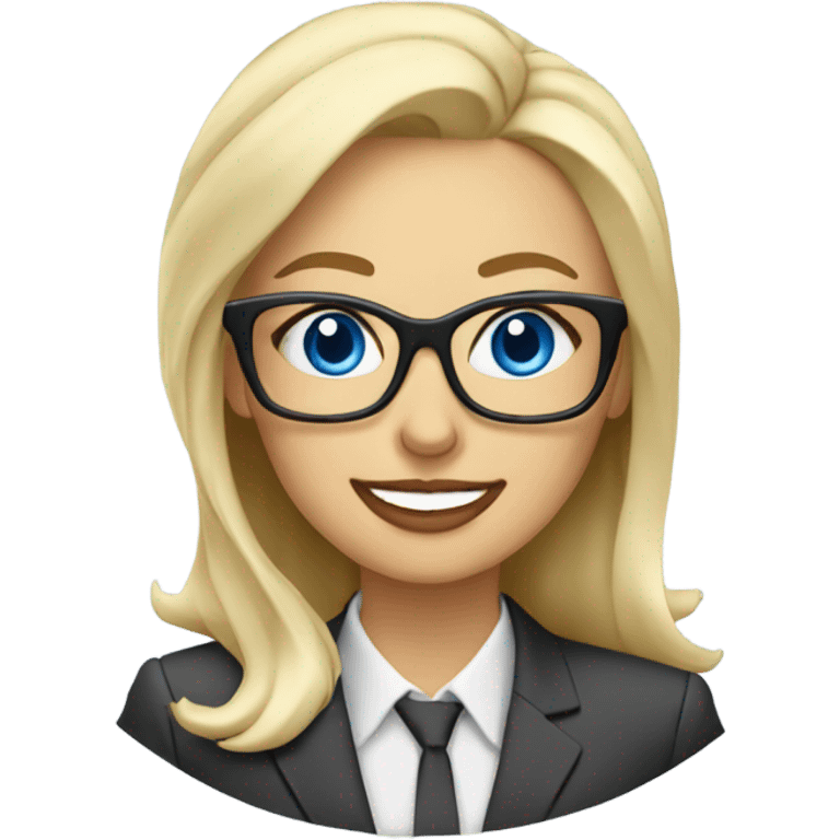 Corporate blonde boss lady with glasses happy blue eyes sitting at a desk drinking coffee  emoji