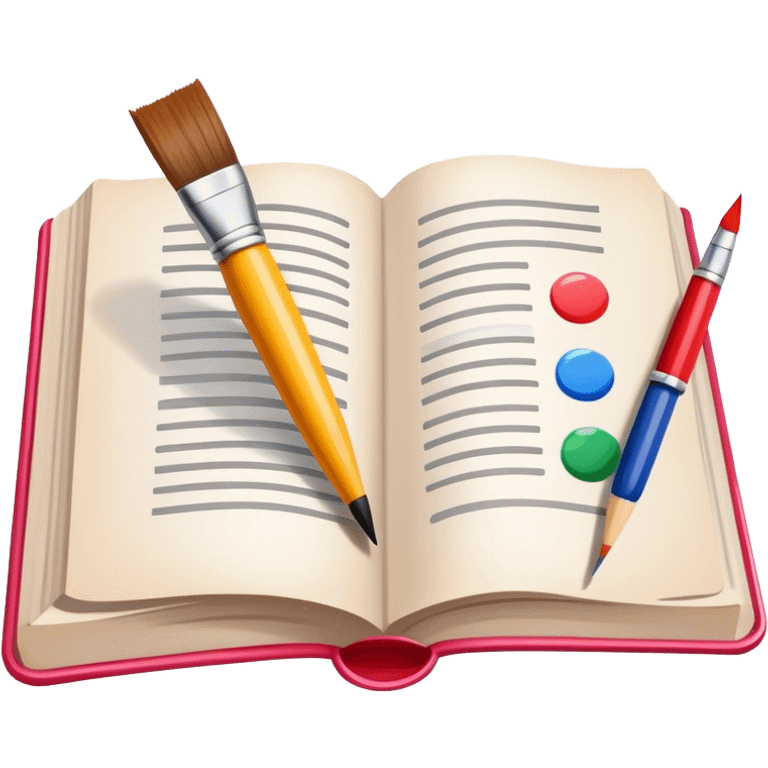 icon for Illustration hobbie, paintbrush and pencil under book's illustrated page, there's a colourful picture on the page, simple lines, minimalistic style, transparent background. emoji