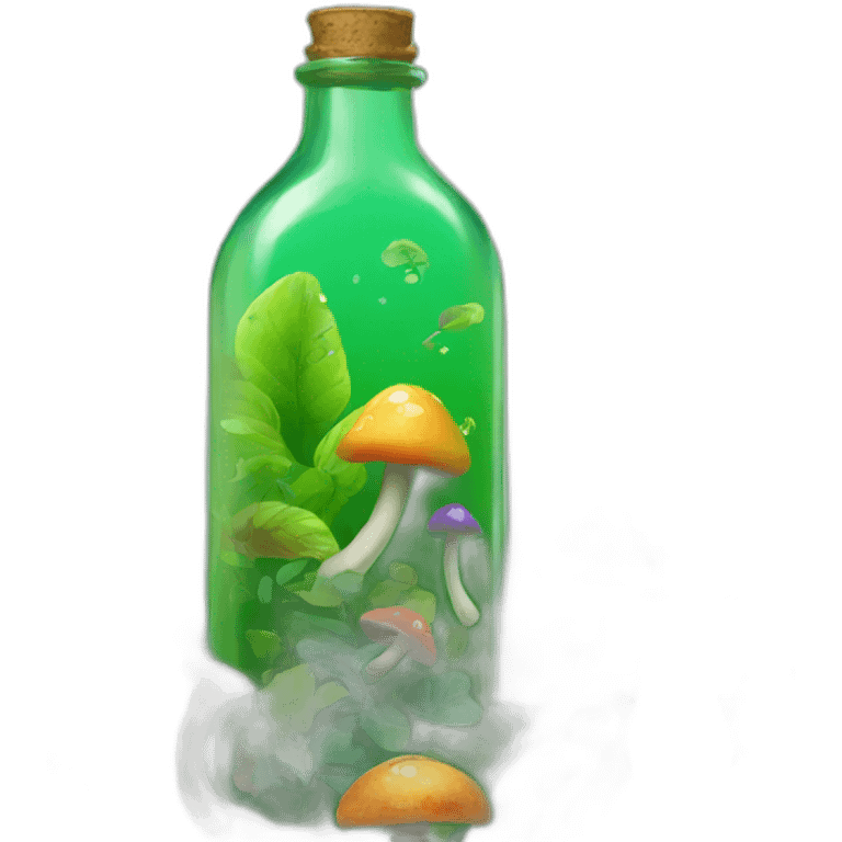 Bottle with green background and plants with rainbow mushrooms  emoji